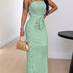 Women's Eyelet Embroidery Maxi Dress Backless Side Slit Slip Dress Tie Waist Bohemian Long Dress