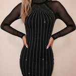 Women's Rhinestone Mock Neck Sheer Mesh Long Sleeve Bodycon Dress Mini Party Dress
