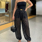 CHICME Women's Polka Dot Sheer Lantern Pants High Waist Loose Fit Harem Pants Vintage See-Through Trousers with Lining