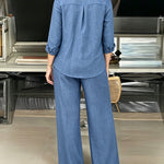Women's 2 Piece Textured Set Button Down Shirt and Wide Leg Pants Set Casual Loose Lightweight Outfits with Pockets