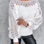 Crewneck Guipure Lace Long Sleeve Hollow Out Knit Sweaters Pullover Tops