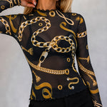 Women's Sheer Mesh Gold Chain Print Mock Neck Frill Trim Long Sleeve Top