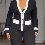 Women's Contrast Binding Coat Casual Slim Fit V Neck Jacket Button Front Office Business Workwear
