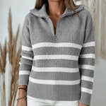 Women's Half Zip Striped Sweater Colorblock Turn-down Collar Knit Pullover Drop Shoulder Loose Fit Top