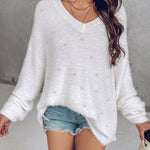 V-Neck Long Sleeve Beaded Decor Oversized Sweater Fluffy Pullover Top