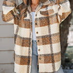 Women's Plaid Fleece Shacket Lapel Button Down Mid Length Oversized Jacket