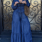 Two-Piece Set Faux Denim Lantern Sleeve Plunge V Neck Lace Up Top and Casua Wide Leg Flared Pants Set