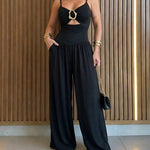 Women's Gold Ring Hollow Out Wide Leg Jumpsuit Backless Adjustable Strap Romper Elegant Party Jumpsuit