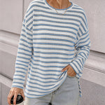Women's Striped Textured Knit Long Sleeve T-Shirt Casual Side Slit Loose Fit Top