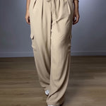 High Waist Drawstring Pleated Front Wide Leg Trousers Casual Flap Pockets Design Cargo Pants