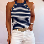 Women's Halter Neck Tank Top Striped Sleeveless Gold Button Contrast Binding Knit Top