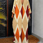 Women's Oversized Argyle Kaftan Maxi Dress V Neck Batwing Sleeve Hollow-out Beach Robe Long Dress with Pockets