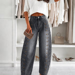 Women's Barrel Jeans High Waisted Side Button Denim Pants Distressed Washed Baggy Trousers Retro Y2K Streetwear