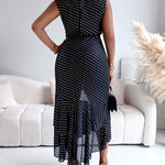 Silver Foil Pattern Sleeveless Cinched Waist Party Dress Elegant Asymmetrical Ruffles Slit Evening Dress