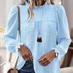 Women's French Style Eyelet Embroidery Blouse Elegant Frill Hem Stand Collar Puff Sleeve Top Lace Patchwork Shirt