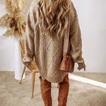 Round Neck Long Sleeve Drop Shoulder Pullover Sweater Casual Loose Fit Cable Knit Mid Length Sweater