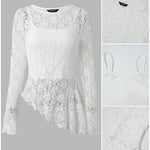 Women's 2 Piece Outfit Sheer Floral Lace Asymmetrical Hem Long Sleeve Top with Cami Top