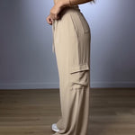 High Waist Drawstring Pleated Front Wide Leg Trousers Casual Flap Pockets Design Cargo Pants