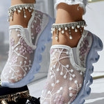 Floral Pattern Sheer Mesh Patch Round Toe Sneakers