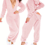 3D Ear Buttoned Flap Functional Fluffy Lounge Jumpsuit