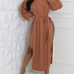 Cable Textured High Neck Lantern Sleeve Bow Tie Waist Sweater Casual High Slit Knit Longline Top