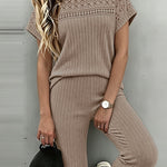 Women's 2 Piece Knit Set Lace Patchwork Short Sleeve Top and Wide Leg Pants Casual Ribbed Brushed Lounge Set