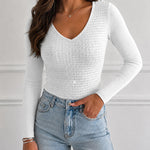 Women's V Neck Rhinestone Top Long Sleeve Ribbed Knit Tee Slim Fit Pullover Casual Base Layering Top