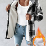 Plaid Pattern Long Sleeve Shacket Button Down Fleece Lined Hooded Jackets Warm Coat