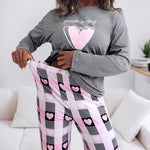 2 Pieces Outfit Good Night Slogan Print Long Sleeve Top and Plaid Print Elastic Waist Pants Set Casual Heart Print Pajamas Set