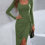 Women's Long Sleeve U-Neck Wrapped Slit Dress Ruched Side Tie Bodycon Dress