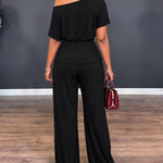 Women's Two Piece Outfits Convertible Shoulder Ruched Top and High Waisted Straight Leg Pants Set