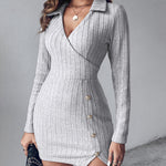 Polo V-Neck Long Sleeve Fleece Lined Bodycon Dress Slit Button Decor Ribbed Mini Dress