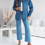 Pearls & Rhinestone Decor Turn-down Collar Button Front Denim Shirt Coat Casual Top