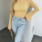 Women's Polka Dot Mesh Top Flare Long Sleeve Boat Neck Lined Asymmetric Frill Hem Blouse Vintage Party Shirt