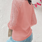 Contrast Lace Round Neck Lantern Sleeve Ruched Blouse Elegant Shirt