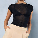 Round Neck Cap Sleeve Semi-Sheer Minimalist Slim Fit Top