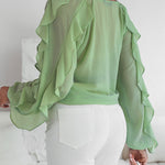 V Neck Shoulder Ruffles Design Blouse Casual Button Front Long Sleeve Top