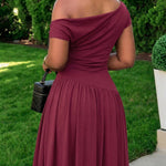 Women's Cowl Neck Lace Spliced Maxi Dress Skew Neck Ruched A Line Dress