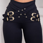 Women's High Waist Criss Cross Gold Buckle Skinny Pants