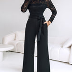 Off Shoulder Long Sleeve Eyelash Lace Spliced Slim Fit Overalls Casual Zipper Back Jumpsuit with Belt