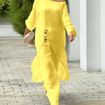 2 Pieces Outfit Button Decor One Shoulder Turn-Up Sleeves Slit Raw Edges Top and Casual Drawstring Elastic Waist Wide Leg Pants Set