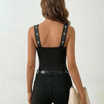 Rhinestone Decor Square Neck Thick Strap Backless Slim Fit Tank Top