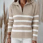 Women's Half Zip Striped Sweater Colorblock Turn-down Collar Knit Pullover Drop Shoulder Loose Fit Top