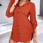 Turn-down Collar Roll Up Sleeve Button Down Shirt Dress Casual Shirred Back Side Drawstring Mini Dress