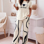 Women's 2 Piece Pajama Set Heart & Letter Top and High Waisted Abstract Print Pants Casual Loungewear with Pockets
