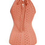 Halter Lace Up Water Soluble Lace Trim Sleeveless Tank Jacquard Casual Slim Fit Knit Top
