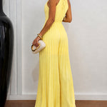 Women's Halter Tie Cutout Pleated Jumpsuit High Waist Shirred Wide Leg Overalls