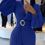 Metal Ring Decor Overlap V-Neck Lantern Sleeve Zipper Back Jumpsuit Casual Cinched Waist Wide Leg Jumpsuit