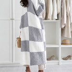 Women's Checkerboard Knit Cardigan Oversized Long Chunky Sweater Loose Lantern Sleeve Coat with Pockets