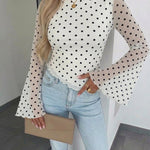 Women's Polka Dot Mesh Top Flare Long Sleeve Boat Neck Lined Asymmetric Frill Hem Blouse Vintage Party Shirt